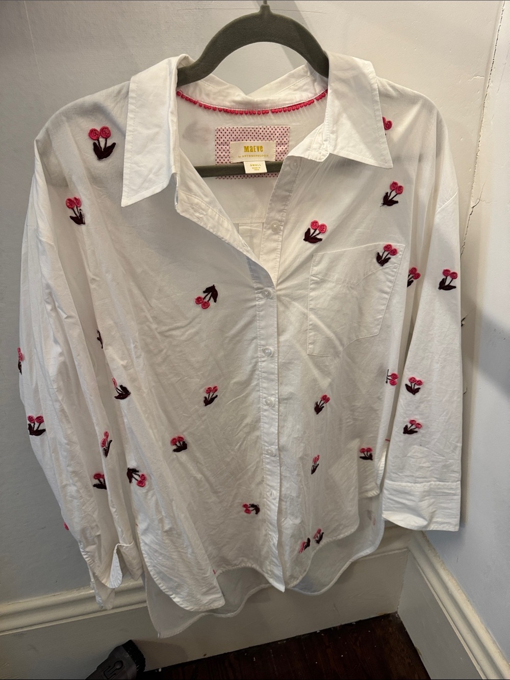 Anthropologie White Button-Down Shirt with Pink Floral Embroidery NWOT